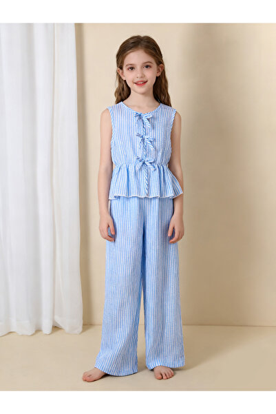 Take Two By Styli Girls Blue Striped Sleeveless Top and Pants Set