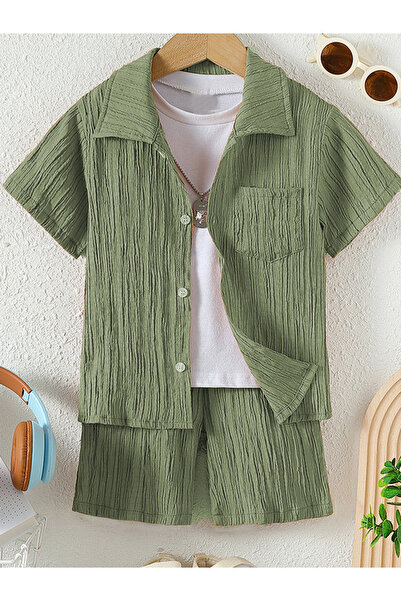 Take Two By Styli Boys Khaki Textured Shirt and Shorts Set