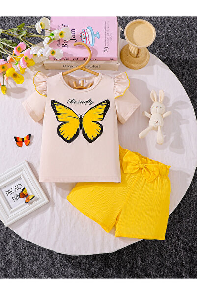 Take Two By Styli Girls Butterfly Print Short Sleeve Top and Shorts Set