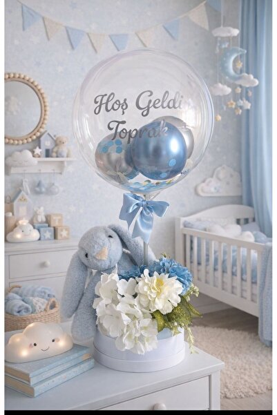 Bucuruks Design Hoş geldin bebek balon Hediye Kutusu – Peluş Tavşan &Balonlu