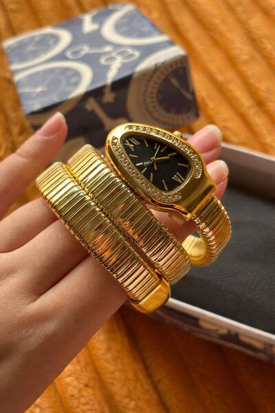 MODA Gold Kadın Akordiyon yılan görünümlü çelik taşlı saat