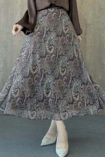 Şulemoda Giyim Şifon Desenli Etek Bej