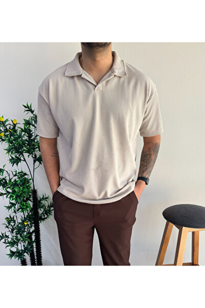 blucombin Corded Fabric Ottoman Fabric Open Collar T-Shirt Wide Cut