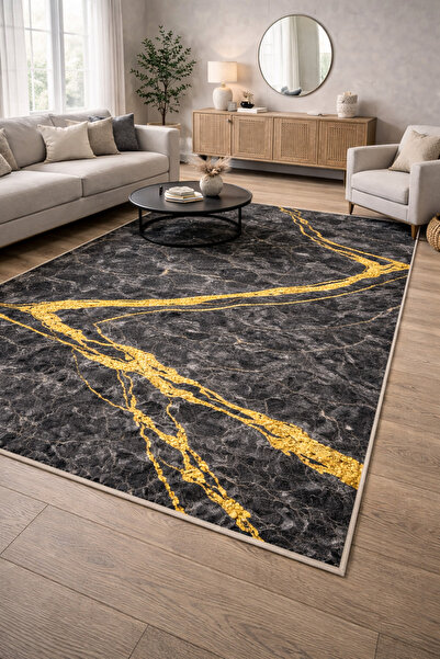 GNL HOME Gri-Gold Mermer Desenli Djital Baskı,Kaymaz Taban, Yıkanabilir Salon...