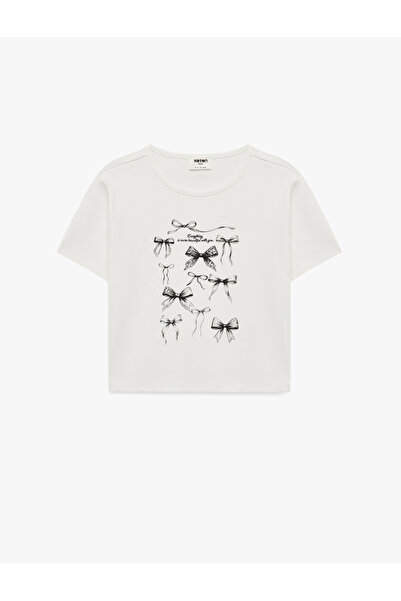 Koton Памучна тениска с щампа с лък и кръгла яка