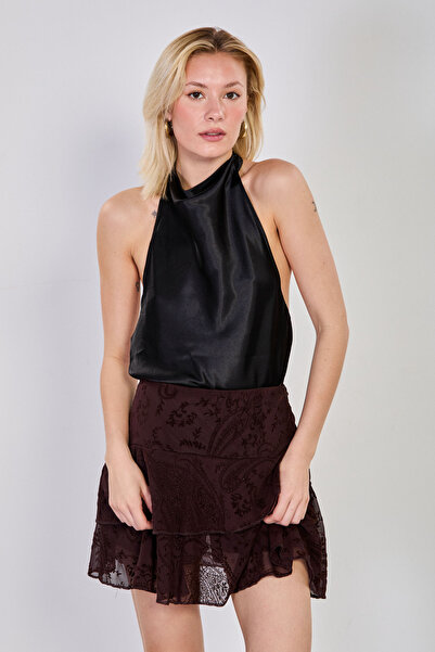 BARRELS AND OIL Women's satin degaje collar blouse - black