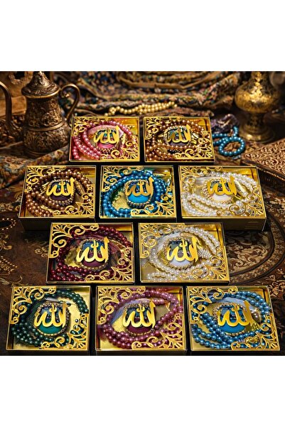 SHR 25 Adet Karışık Renk Taşlı Zikirmatik İnci Tesbih Seti Lüks Gold Kutulu H...
