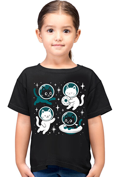 ROCKANDROLL Tricou negru cu mânecă scurtă pentru fete Astro pisică