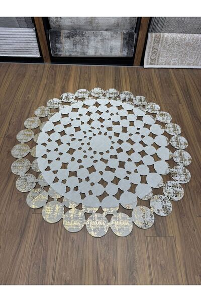 Neşem Halı Boutique KREM GOLD YUVARLAK modern bordürlü şık suni deri halı