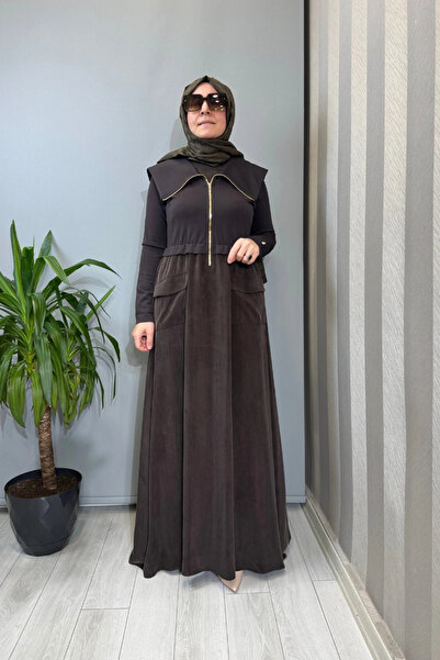 MISS DALIDA تفاصيل بسحاب فستان كوبرو بياقة عالية بني T26Y-4032