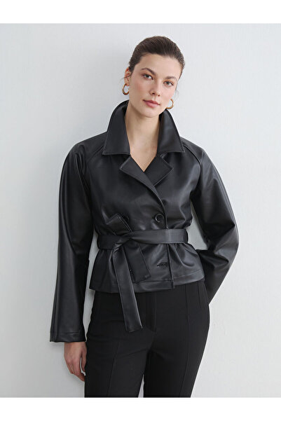 LC Waikiki Black Shirt Collar Women's Leather Look Jacket