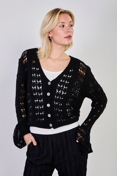BARRELS AND OIL Women's Spanish Sleeve a Lace-Like Knit Cardigan - Black