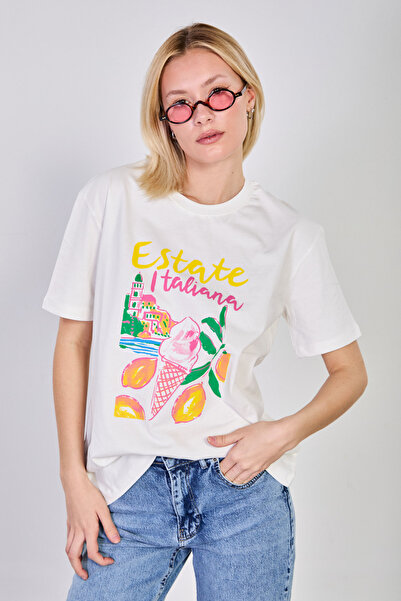 BARRELS AND OIL Дамска тениска с принт „Estate Itiliana“ – екрю