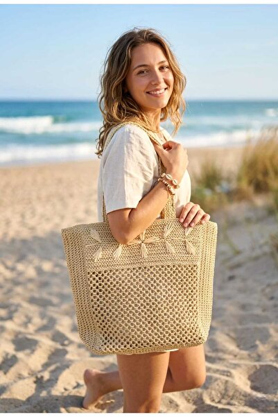 LAGRANZE طقم صيفي طبيعي ذو ملمس بارز للسيدات حقيبة كتف، حجم كبير للعطلات والا...