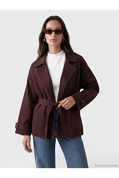 LC Waikiki Burgundy Shirt Collar Belted Oversized Women's Jacket