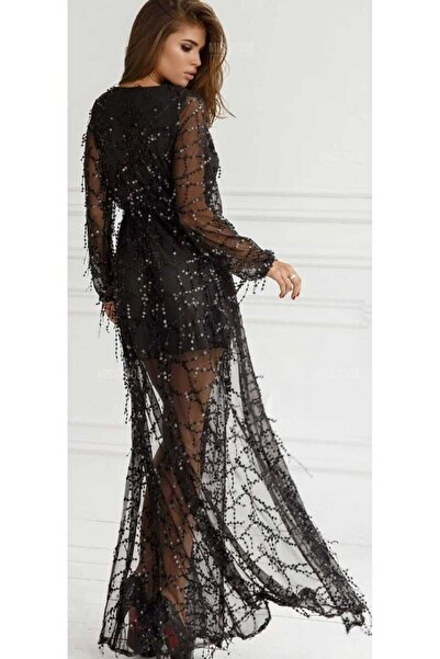 Hanife Glam Couture Hanife Glam göğüs dekolteli uzun kollu saçaklı payet elbise