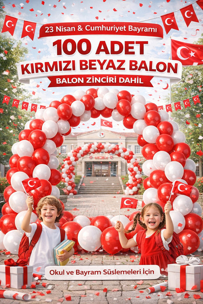 KAR TANESİ Kırmızı Beyaz Balon 100 Adet + Balon Zinciri – 23 Nisan ve Cumhuri...