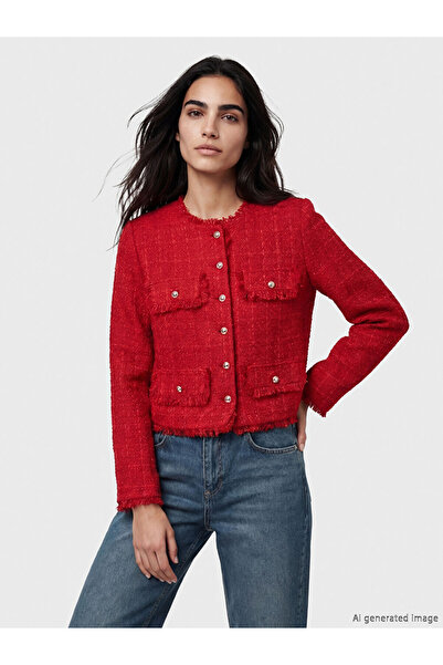 LC Waikiki LCW Vision Kırmızı Bisiklet Yaka Püskül Detaylı Kadın Tüvit Ceket