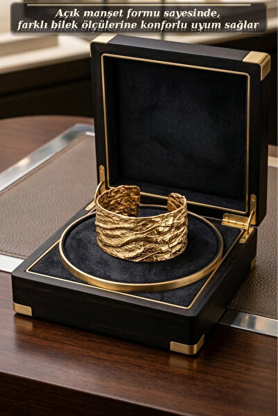 POEM JEWELLERY 18 Ayar Altın Kaplama Dokulu Açık Manşet Bilezik Ayarlanabilir...