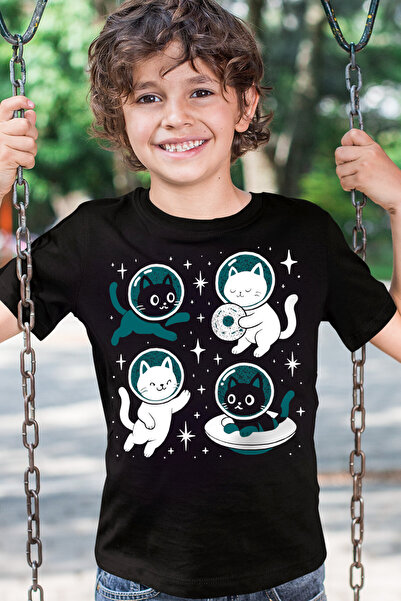 ROCKANDROLL Tricou negru cu mânecă scurtă pentru băieți Astro pisică