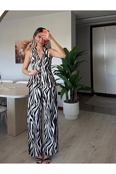 Quzu Zebra Desenli Trend Sırt Dekolte Detay Yelek Pantolon Takım