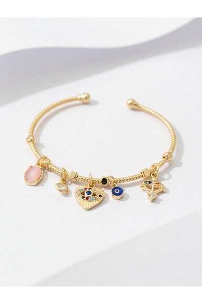 ABACIA Adjustable Gold Color Bracelet with Steel Charms / Clasps / Tarnish Re...