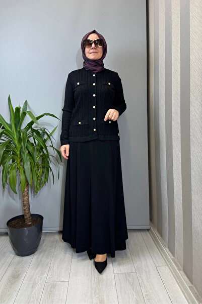 MISS DALIDA طقم تنورة وسترة تريكو كلاسيكية من Hair Weave باللون الأسود T26Y-8...