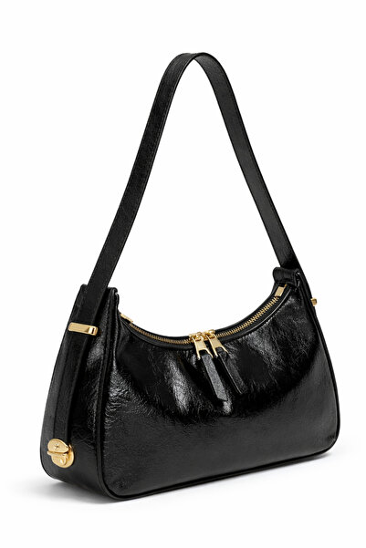 PJ & Me Kadın Parlak Suni Deri Kol Çantası Gold Detaylı Fermuarlı Omuz Çantas...