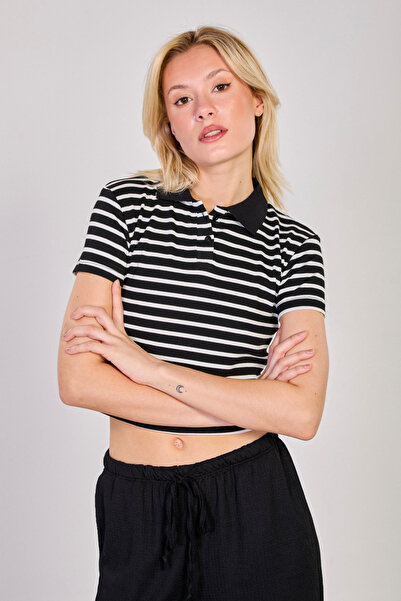 BARRELS AND OIL Ριγέ Polo Yaka Κοντό T-Shirt - Μαύρο/Λευκό