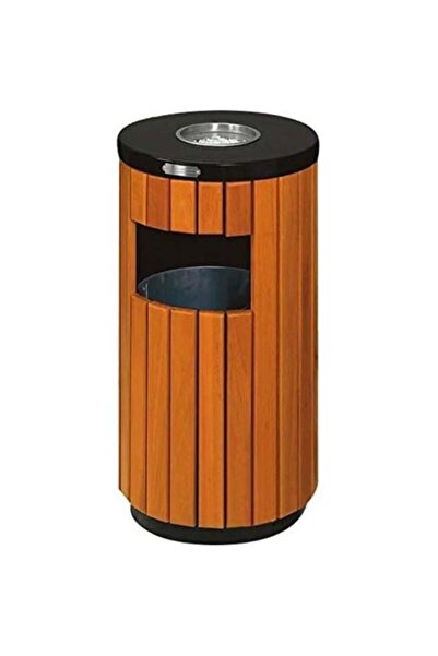 DreamerStoreNet Circular Trash Can - Stainless Steel and Wood - Black and Brown