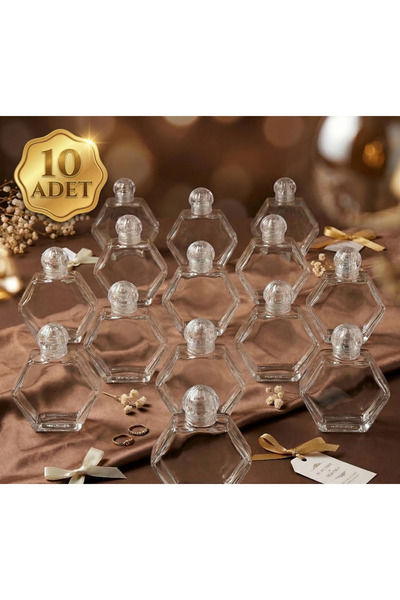 Medine Baazar 10'lu Altıgen Boş Cam Şişe 50 ml - Cam Kapaklı ve Tıpalı Kolony...
