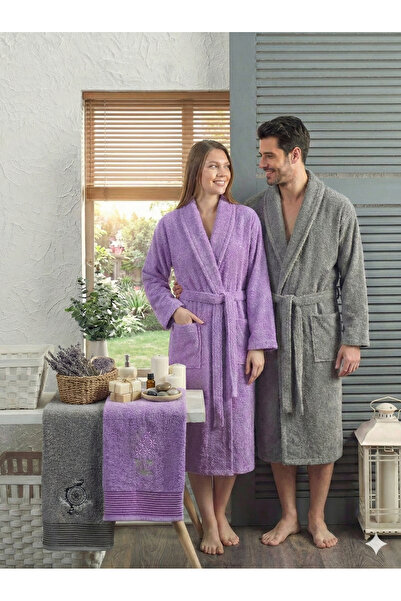 COTTONQUEEN Zena Unisex Lavender Anthracite Towel Bathrobe Set of 4