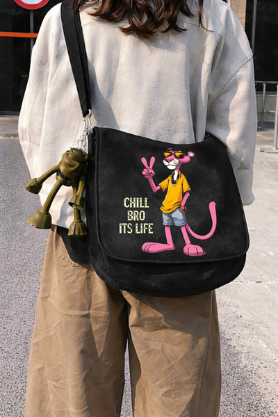 Toum Chill bro it s life slogan Printed black postman Bag