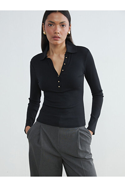 LC Waikiki Siyah Polo Yaka Fitilli Kadın Body