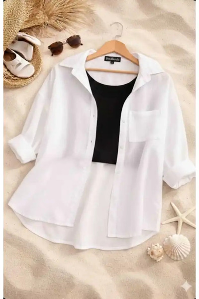 İnazuma Outdoors Women's Linen White Shirt Summer Oversized Shirt New Season