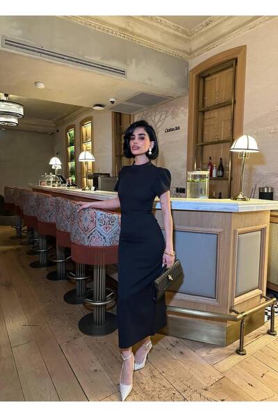 maf collection Women's Mock Neck Black Belt Slit Detail Pencil Evening Dress ...