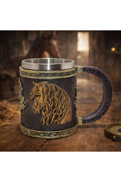 hediyeconcepti 3D Embossed Steel Mug with Horse Figure – Decorative Design Du...