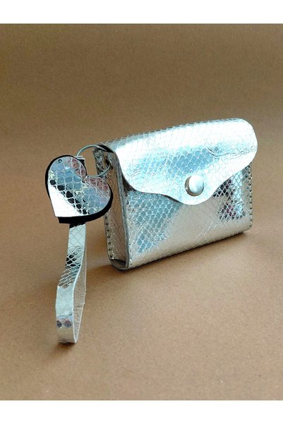 LUNA LUSTER Genuine Leather Minimal Avuçiçi Glittery Silver Design Women's Wallet Card Holder Drc-25