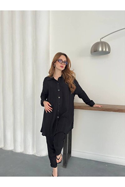 Femaura طقم علوي وسفلي - FM01021 موديل أسود بأكمام على شكل خفاش كتان طقم