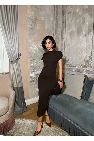 maf collection Rochie de seară pentru femei guler ridicat maro curea cu detal...