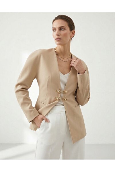 Zey Studio Jachetă blazer pentru femei, bej auriu, cu nasturi, model Balloon ...