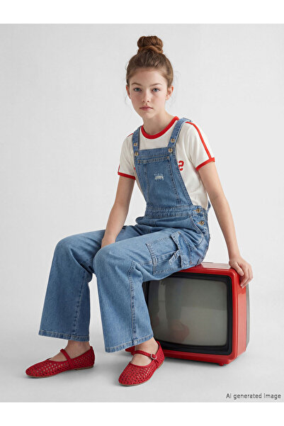 LC Waikiki Nevavm Girls' Cargo Jean Salopet with Ripped Detail