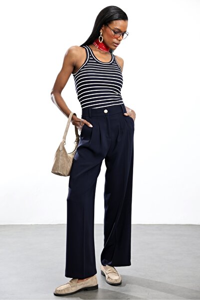 5in1Canpolat Navy Blue with Gold Buttons Palazzo Pants 4386