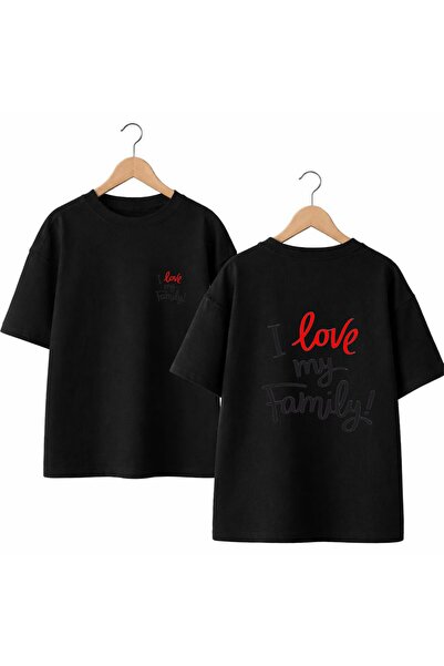 playwear تي شيرت I Love My Family v1 للظهر والصدر مطبوع %100 قطن تي شيرت فضفا...