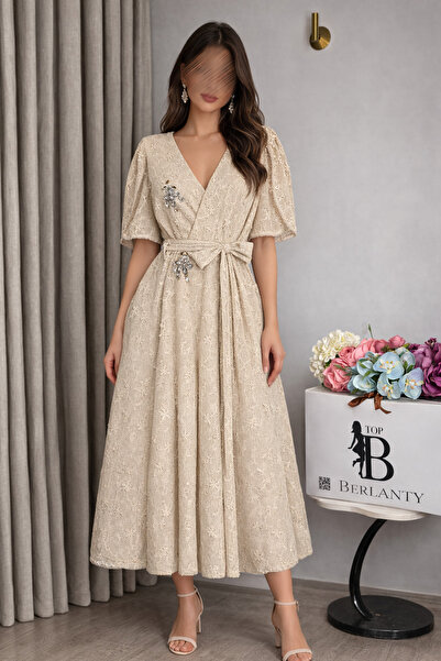 TOP BERLANTY Beige Lace dress with crystal embroidery and pearl sleeves – an ...