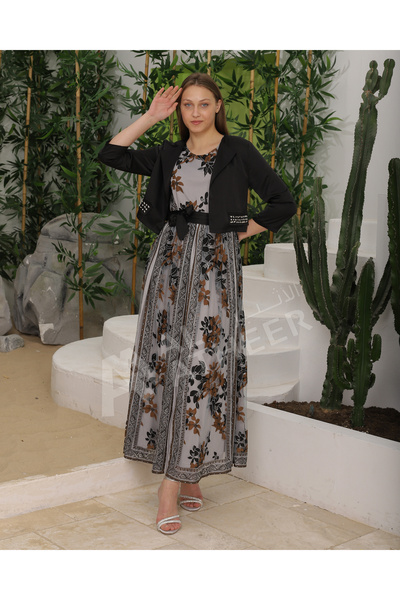 ALATHEER FASHION Floral jersey dress, black jacket