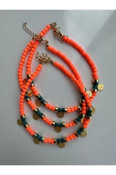 SLNSTYLE Yeşil turuncu tuğralı pullu boncuklu halhal
