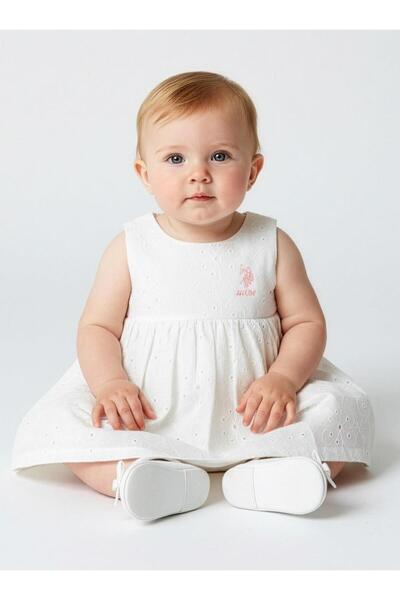 U.S. Polo Assn. Kız Bebek Dantel Elbise %100 Pamuk Dokuma Yazlık Şık Beyaz Be...