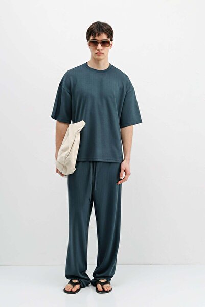 VAMOSCLO Corded Fabric Textured Oversized T-Shirt Petrol