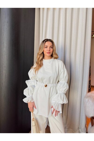 Miraydın Butik Women's Balloon Sleeve Detail Belted Shirt M81289 - White